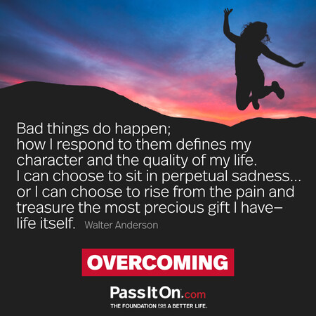 Bad things do happen; how I respond to them defines my character and the quality of my life. I can choose to sit in perpetual sadness... or I can choose to rise from the pain and treasure the most precious gift I have—life itself. #<Author:0x00007fc8e9382098>