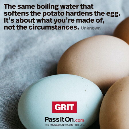 The same boiling water that softens the potato hardens the egg. It's about what you're made of, not the circumstances. #<Author:0x00007fc8e91fb198>