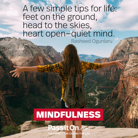 A few simple tips for life: feet on the ground, head to the skies, heart open-quiet mind. #<Author:0x00007fc8e825bf58>