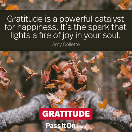Gratitude is a powerful catalyst for happiness. It’s the spark that lights a fire of joy in your soul.  #<Author:0x00007fc8e8f59610>