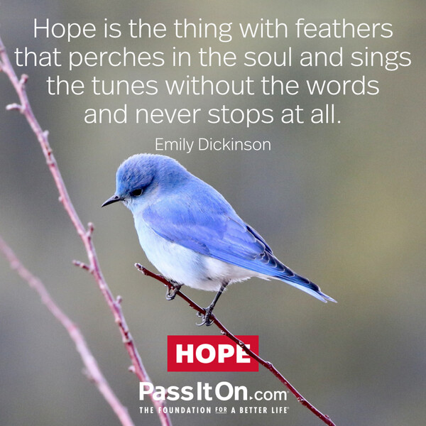 Hope is the thing with feathers that perches in the soul and sings the tunes without the words and never stops at all. #<Author:0x00007f60ffe8c300>