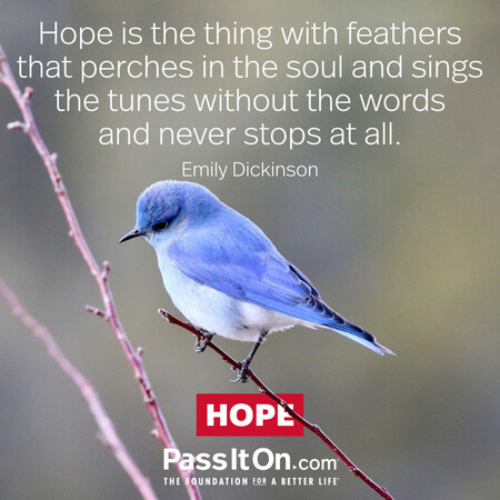 Hope is the thing with feathers that perches in the soul and sings the tunes without the words and never stops at all. #<Author:0x00007f60fd354b10>