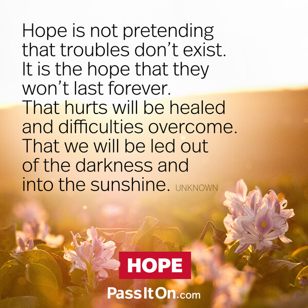 Hope is not pretending that troubles don't exist. It is the hope that they won't last forever. That hurts will be healed and difficulties overcome. That we will be led out of the darkness and into the sunshine. #<Author:0x00007f60fff9eb08>