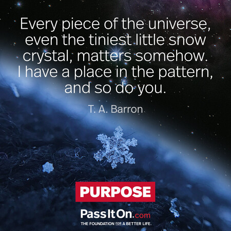 Every piece of the universe, even the tiniest little snow crystal, matters somehow. I have a place in the pattern, and so do you. #<Author:0x00007f02e558a8d8>