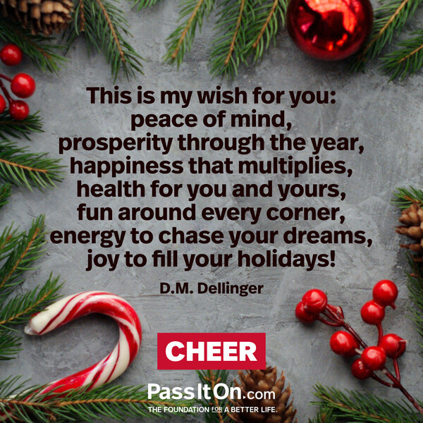 This is my wish for you: peace of mind, prosperity through the year, happiness that multiplies, health for you and yours, fun around every corner, energy to chase your dreams, joy to fill your holidays! #<Author:0x00007f60ffe767d0>