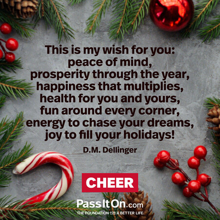 This is my wish for you: peace of mind, prosperity through the year, happiness that multiplies, health for you and yours, fun around every corner, energy to chase your dreams, joy to fill your holidays! #<Author:0x00007f60fd40e740>