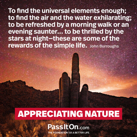 To find the universal elements enough; to find the air and the water exhilarating; to be refreshed by a morning walk or an evening saunter... to be thrilled by the stars at night—these are some of the rewards of the simple life. #<Author:0x00007f60ffebc5a0>