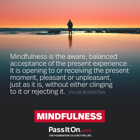 Mindfulness is the aware, balanced acceptance of the present experience... It is opening to or receiving the present moment, pleasant or unpleasant, just as it is, without either clinging to it or rejecting it. #<Author:0x00007f60fd054398>