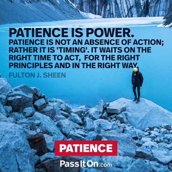 Patience is power. Patience is not an absence of action; rather it is "timing" it waits on the right time to act, for the right principles and in the right way. #<Author:0x00007f60fe1f03e0>