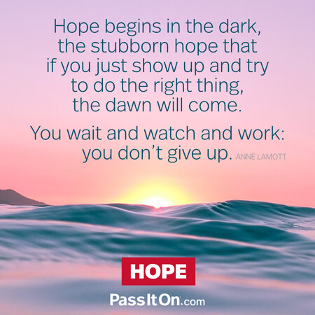 Hope begins in the dark, the stubborn hope that if you just show up and try to do the right thing, the dawn will come. You wait and watch and work: you don't give up. #<Author:0x00007f60fe0dd0c0>