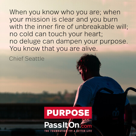 When you know who you are; when your mission is clear and you burn with the inner fire of unbreakable will; no cold can touch your heart; no deluge can dampen your purpose. You know that you are alive. #<Author:0x00007f60fe0c7bd0>