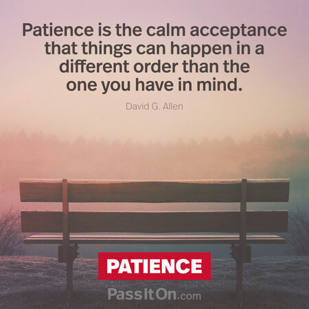 Patience is the calm acceptance that things can happen in a different order than the one you have in mind. #<Author:0x00007fe1666fe380>