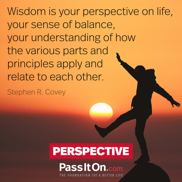 Wisdom is your perspective on life, your sense of balance, your understanding of how the various parts and principles apply and relate to each other. #<Author:0x00007f60fd377958>