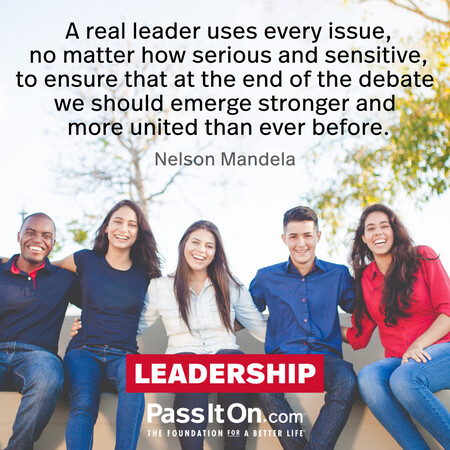 A real leader uses every issue, no matter how serious and sensitive, to ensure that at the end of the debate we should emerge stronger and more united than ever before. #<Author:0x00007f60fd03cbd0>